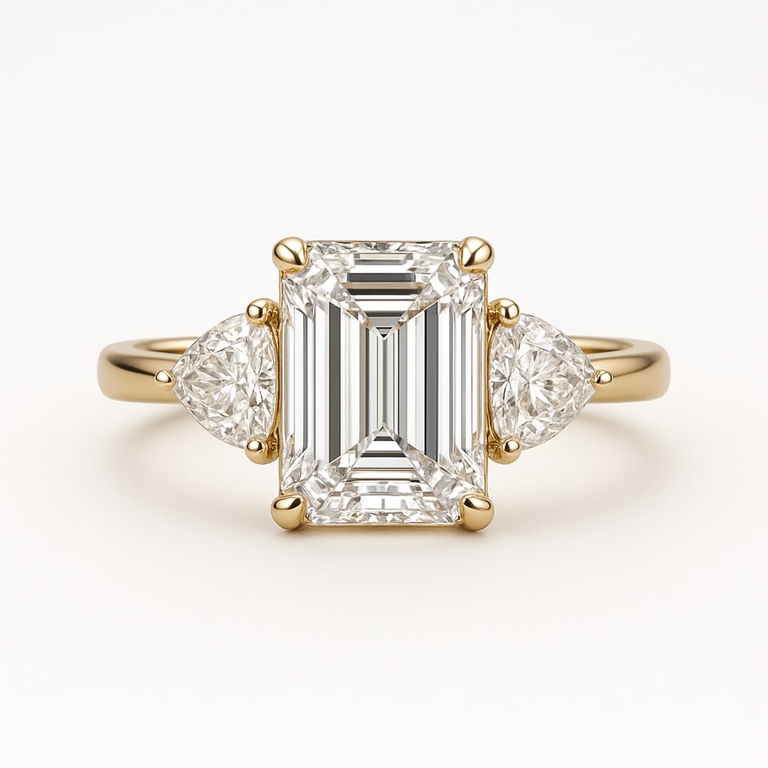 Luxury 5 Ct Emerald Cut Certified Lab Grown Diamond Three Stone Ring in 14K Yellow Gold: A stunning 5 carat certified lab grown diamond engagement ring crafted in elegant 14K yellow gold. This refined three-stone design features a breathtaking emerald cut center diamond accented by brilli
