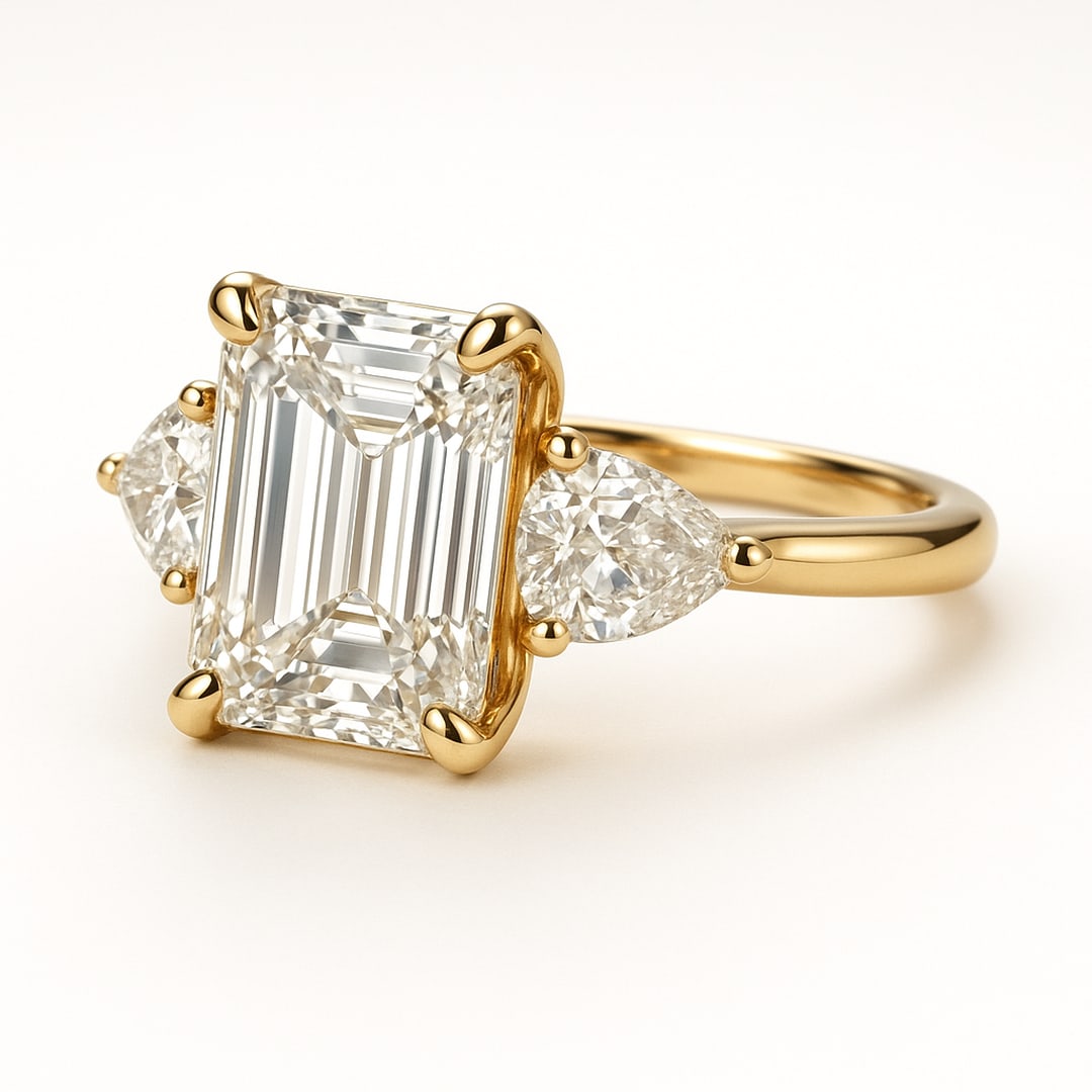 Luxury 6 Ct Emerald Cut Certified Lab Grown Diamond Three Stone Ring in 14K Yellow Gold: An elegant 6 carat certified lab grown diamond engagement ring crafted in luxurious 14K yellow gold. This sophisticated three-stone design features a breathtaking emerald cut center diamond accented b