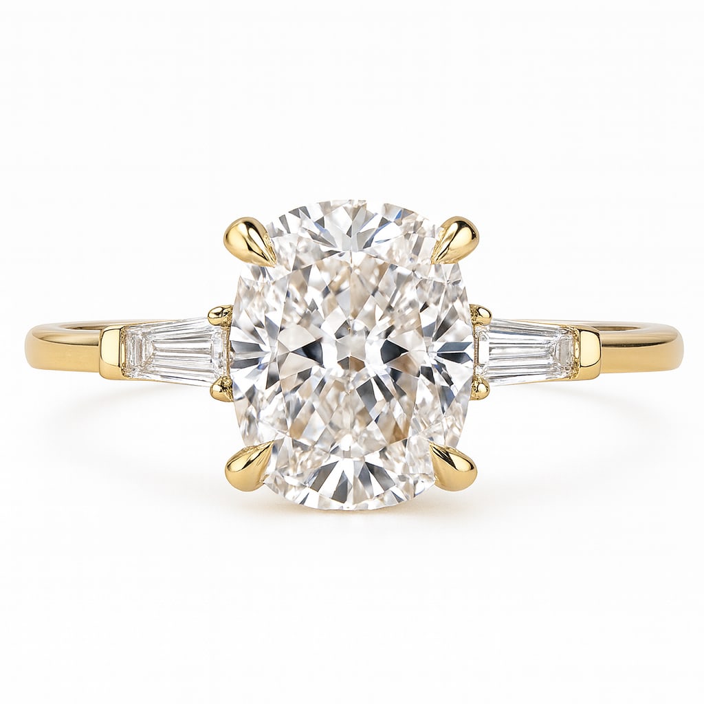 Luxury 7 Ct Oval Cut Certified Lab Grown Diamond Three Stone Ring in 14K Yellow Gold: A breathtaking 7 carat certified lab grown diamond engagement ring crafted in luxurious 14K yellow gold. This elegant three-stone design features a brilliant oval cut center diamond accented by tapere