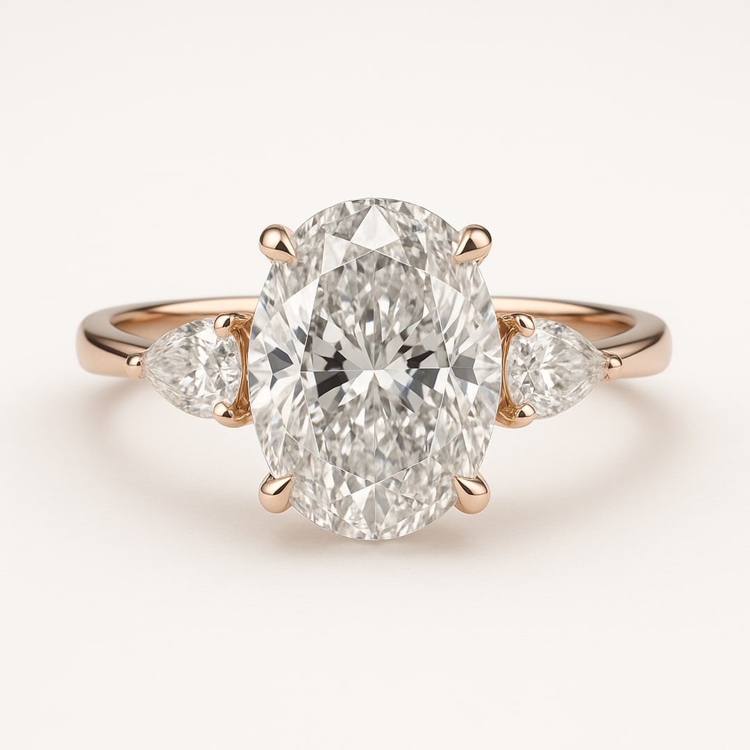 Luxury 5 Ct Oval Cut Certified Lab Grown Diamond Three Stone Ring in 14K Rose Gold: A breathtaking 5 carat certified lab grown diamond engagement ring crafted in elegant 14K rose gold. This sophisticated three-stone design features a dazzling oval cut center diamond accented by pear 