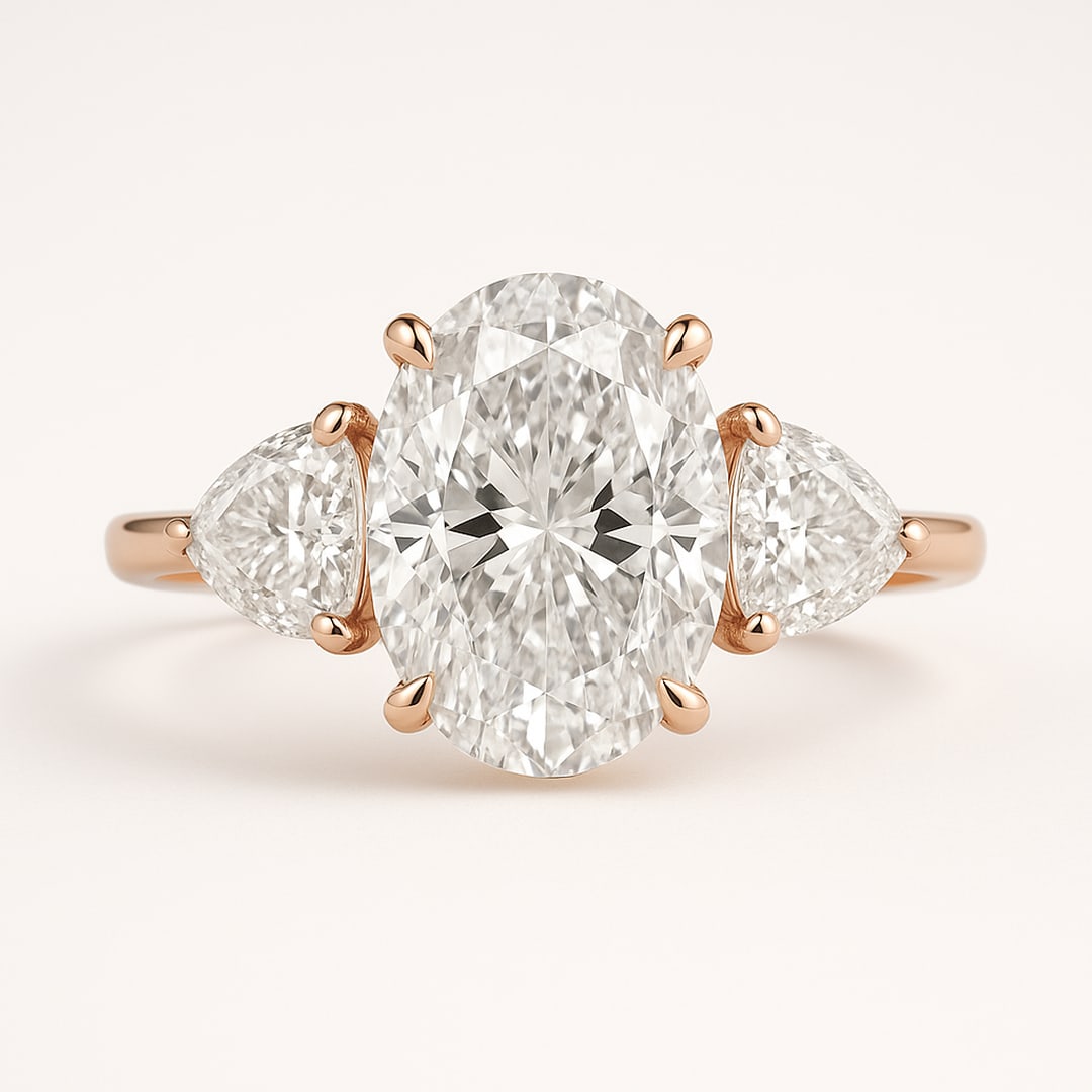 Luxury 10 Ct Oval Cut Certified Lab Grown Diamond Three Stone Ring in 14K Rose Gold: An extraordinary 10 carat certified lab grown diamond engagement ring crafted in luxurious 14K rose gold. This breathtaking three-stone design showcases a magnificent oval cut center diamond accented 