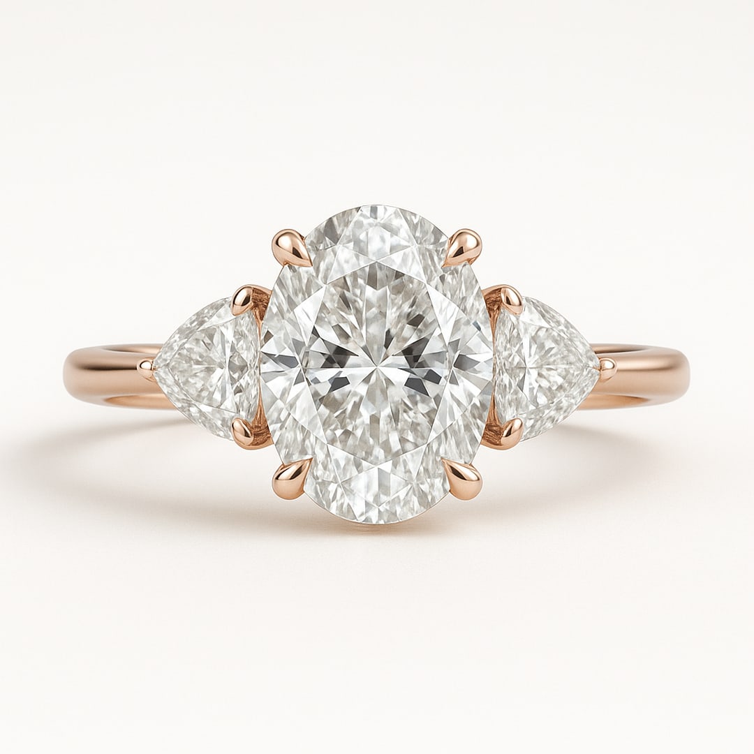 Luxury 5 Ct Oval Cut Certified Lab Grown Diamond Three Stone Ring in 14K Rose Gold: A stunning 5 carat certified lab grown diamond engagement ring crafted in elegant 14K rose gold. This sophisticated three-stone design showcases a brilliant oval cut center diamond accented by beautif