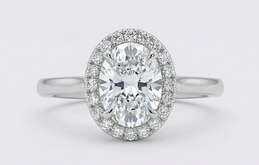 Luxury 4 Ct Oval Cut Certified Lab Grown Diamond Halo Ring in 14K White Gold: A breathtaking 4 carat certified lab grown diamond engagement ring crafted in luxurious 14K white gold. This elegant halo design features a brilliant oval cut center diamond surrounded by a sparkling 