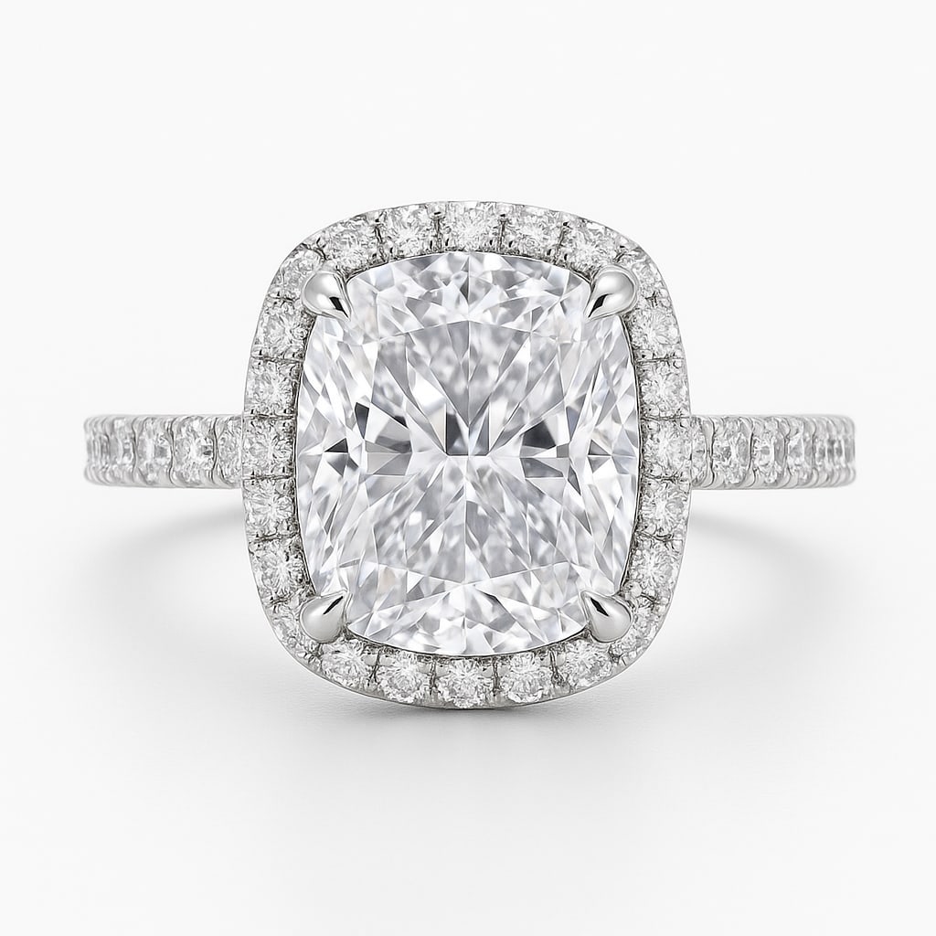 5 Ct Cushion Cut Certified Lab Grown Diamond Halo Ring in 14K White Gold: A magnificent 5 carat certified lab grown diamond engagement ring crafted in luxurious 14K white gold. This elegant halo design features a breathtaking cushion cut center diamond surrounded by a spark