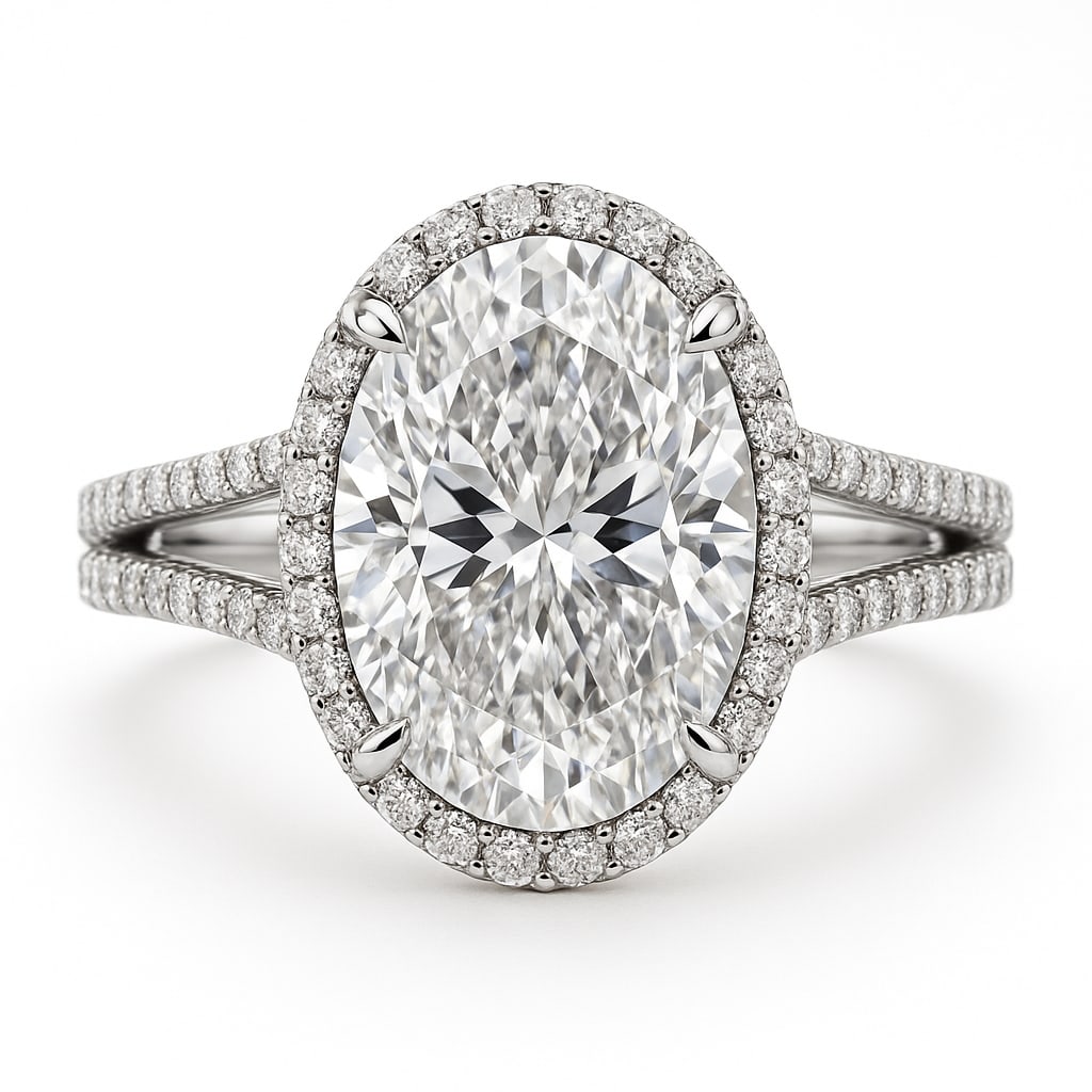 Luxury 10 Ct Oval Cut Certified Lab Grown Diamond Halo Ring in 14K White Gold: An extraordinary 10 carat certified lab grown diamond engagement ring crafted in luxurious 14K white gold. This breathtaking halo design showcases a magnificent oval cut center diamond surrounded by a
