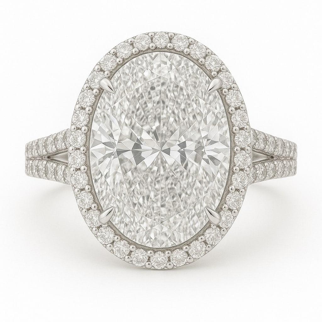 10 Ct Oval Cut Certified Lab Grown Diamond Halo Split Shank Ring in 14K White Gold: A remarkable 10 carat certified lab grown diamond engagement ring crafted in elegant 14K white gold. This sophisticated halo design features an extraordinary oval cut center diamond surrounded by a br