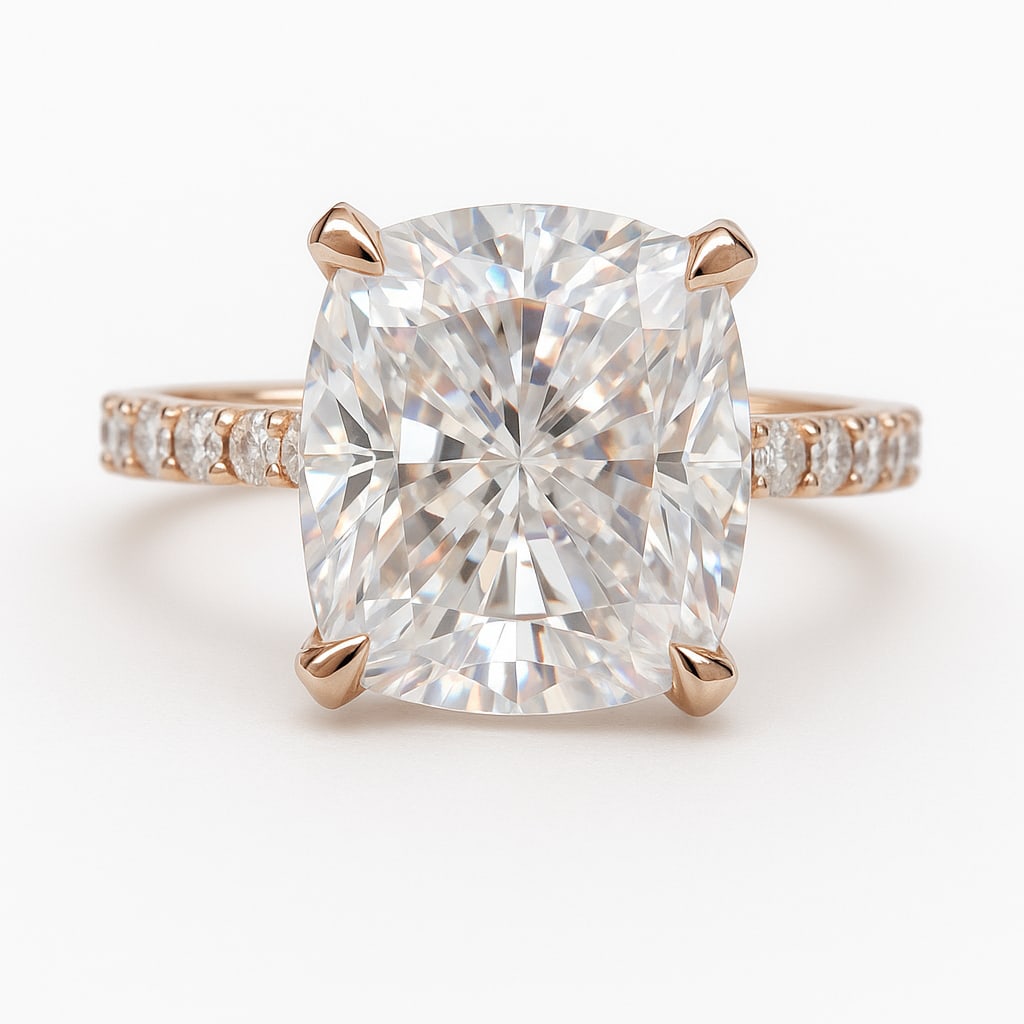 5 Ct Cushion Cut Certified Lab Grown Diamond Solitaire Ring in 14K Rose Gold: A stunning 5 carat certified lab grown diamond ring crafted in elegant 14K rose gold. This sophisticated solitaire-inspired design features a breathtaking cushion cut center diamond accented by a deli