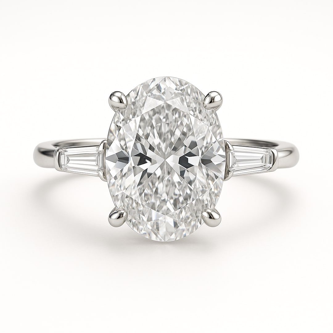 7 Ct Oval Cut Certified Lab Grown Diamond Ring with Tapered Baguette Side Stones in 14K White Gold: A refined 7 carat certified lab grown diamond engagement ring crafted in luxurious 14K white gold. This elegant three-stone design features a breathtaking oval cut center diamond accented by sleek tap