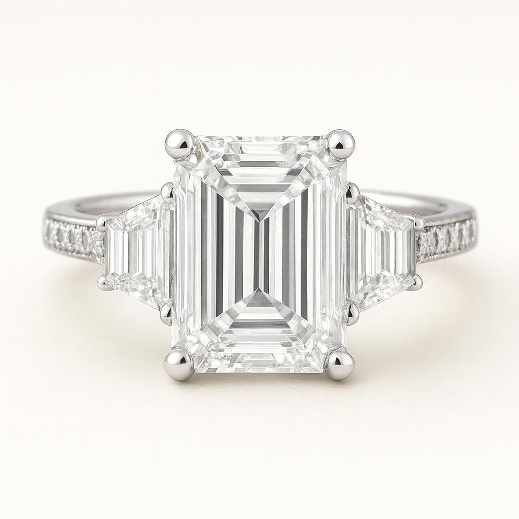 10 Ct Emerald Cut Certified Lab Grown Diamond Three Stone Ring in 14K White Gold: An exceptional 10 carat certified lab grown diamond engagement ring crafted in luxurious 14K white gold. This sophisticated three-stone design features a breathtaking emerald cut center diamond accent