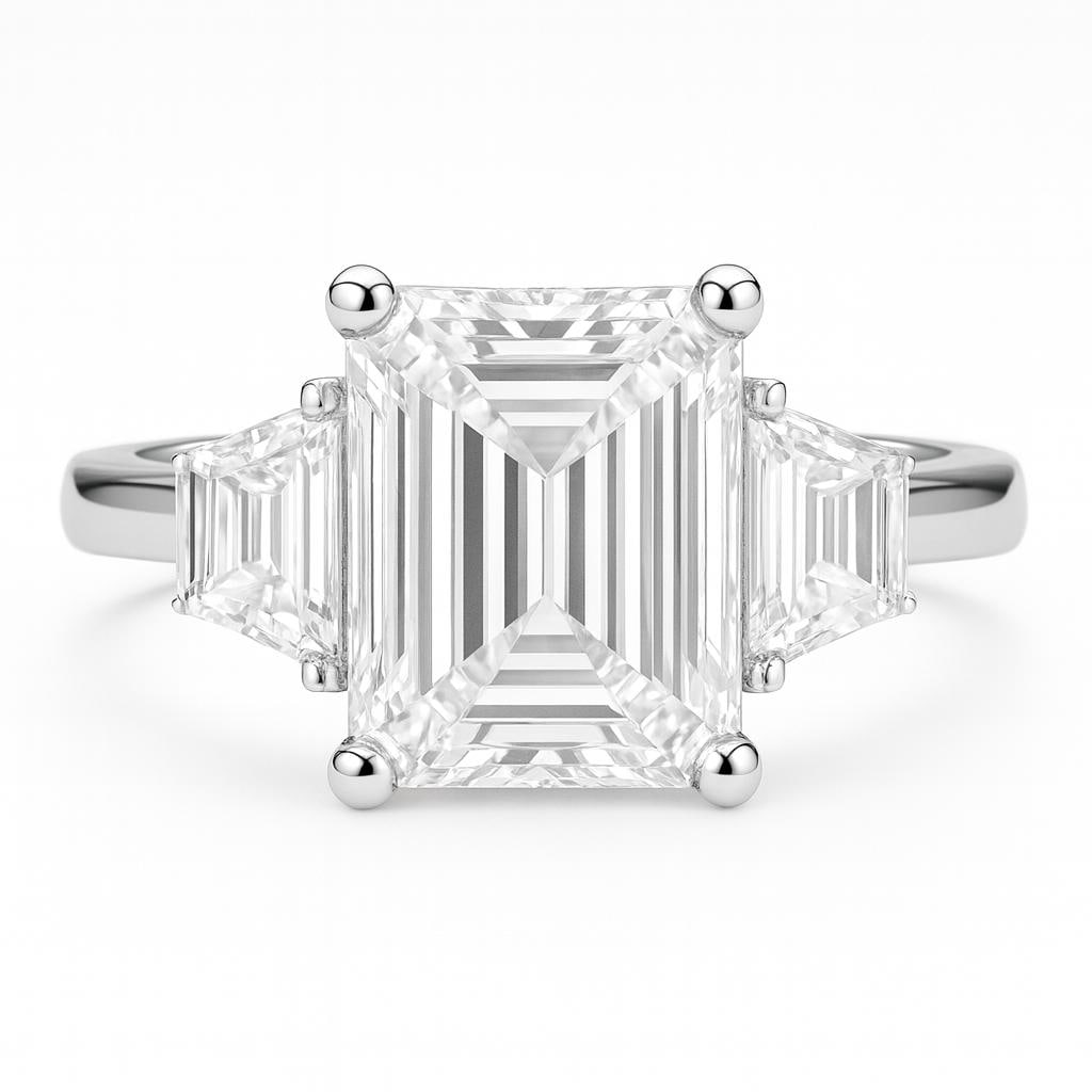 10 Ct Emerald Cut Certified Lab Grown Diamond Three Stone Engagement Ring in 14K White Gold: A striking 10 carat certified lab grown diamond engagement ring crafted in elegant 14K white gold. This sophisticated three-stone design features a breathtaking emerald cut center diamond accented by 