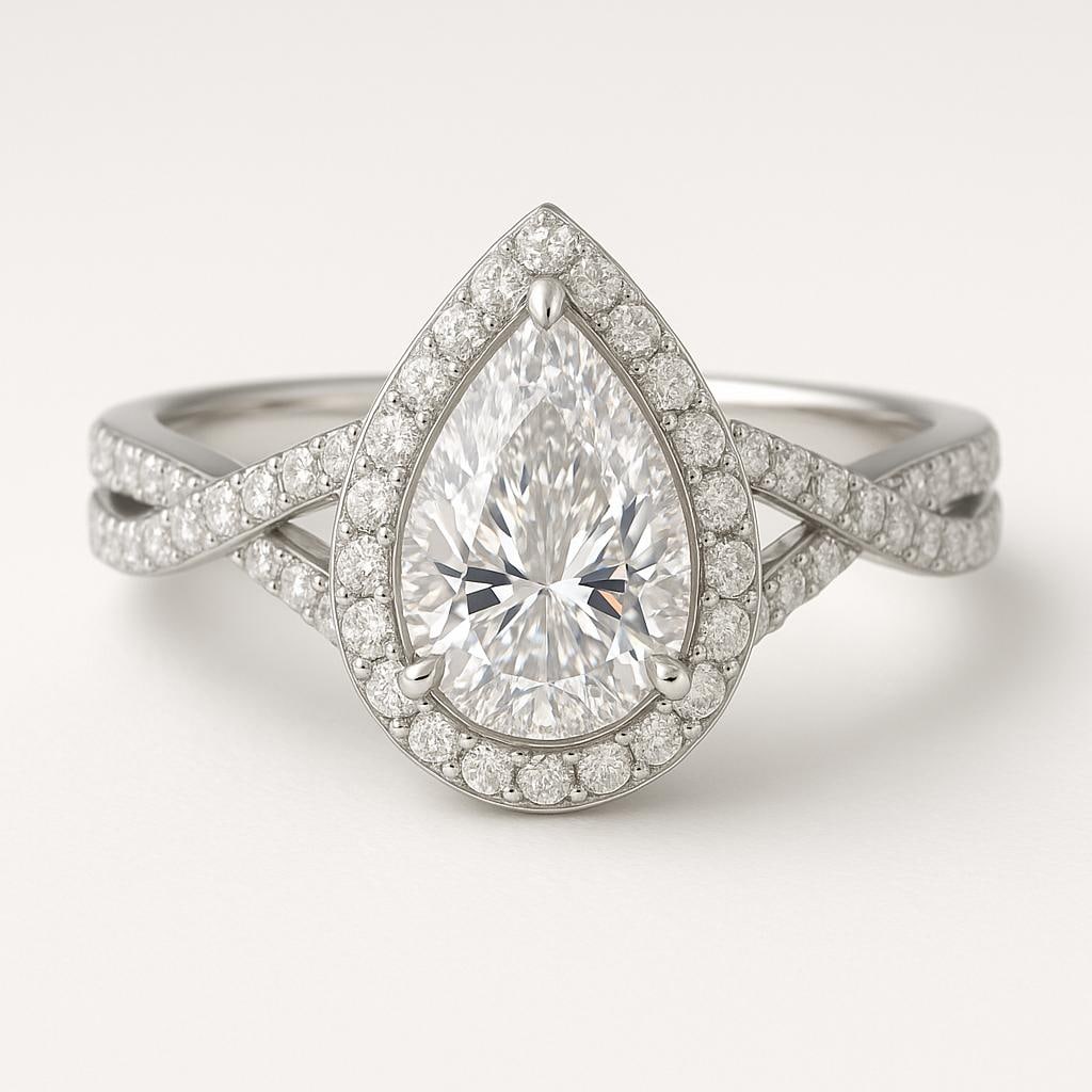 5 Ct Pear Cut Certified Lab Grown Diamond Halo Ring in 14K White Gold: A graceful 5 carat certified lab grown diamond engagement ring crafted in elegant 14K white gold. This sophisticated halo design features a breathtaking pear cut center diamond surrounded by a sparkli