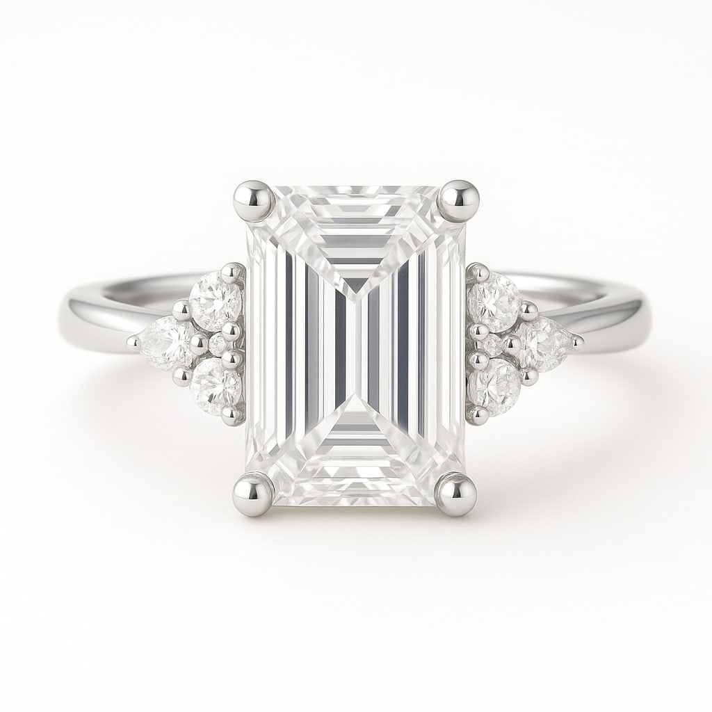 8 Ct Emerald Cut Certified Lab Grown Diamond Cluster Ring in 14K White Gold: A sophisticated 8 carat certified lab grown diamond engagement ring crafted in elegant 14K white gold. This refined design features a breathtaking emerald cut center diamond accented by a delicate clu