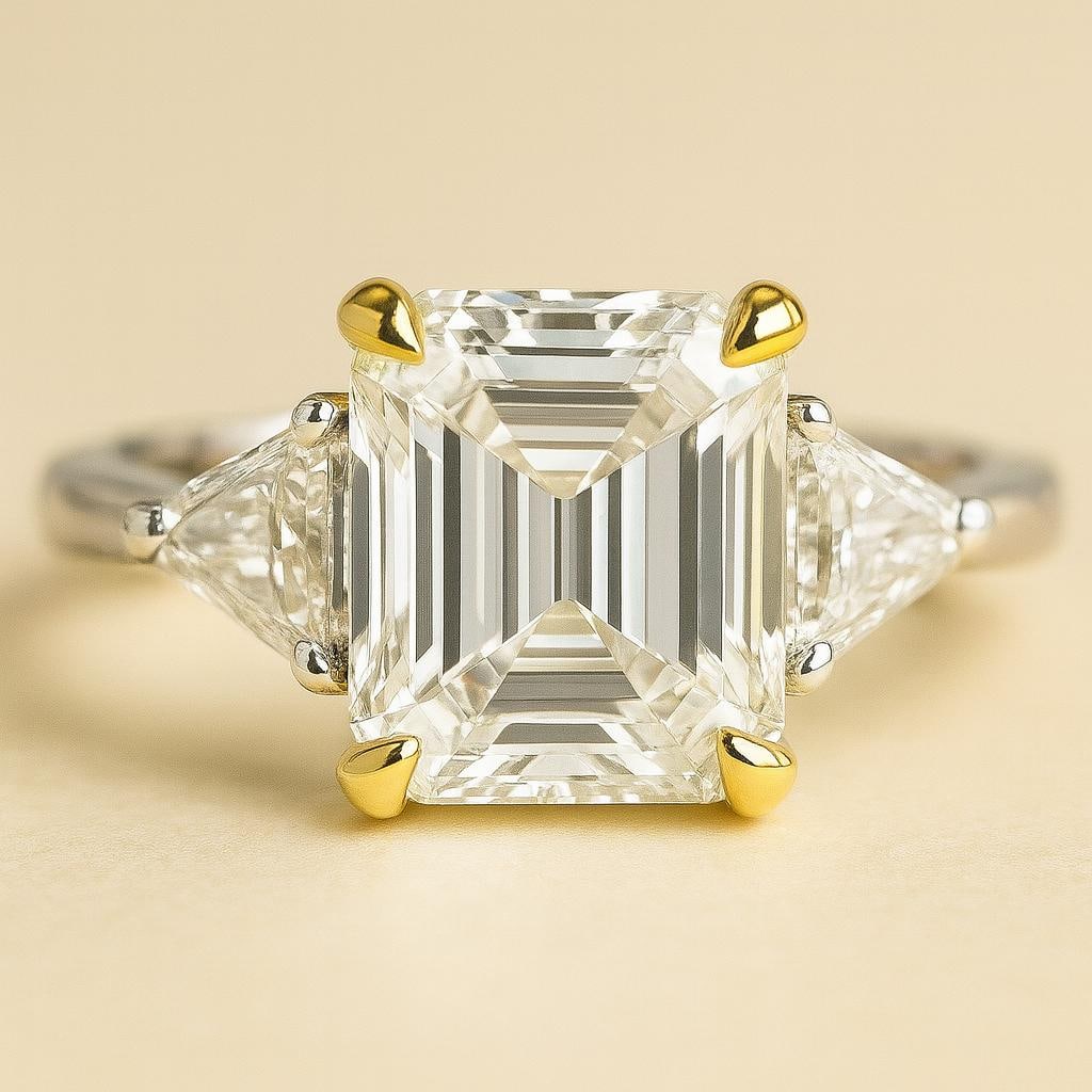 5 Ct Emerald Cut Certified Lab Grown Diamond Three Stone Ring in 14K Two Tone Gold: A refined 5 carat certified lab grown diamond engagement ring crafted in elegant 14K two tone gold. This sophisticated three-stone design features a breathtaking emerald cut center diamond accented by