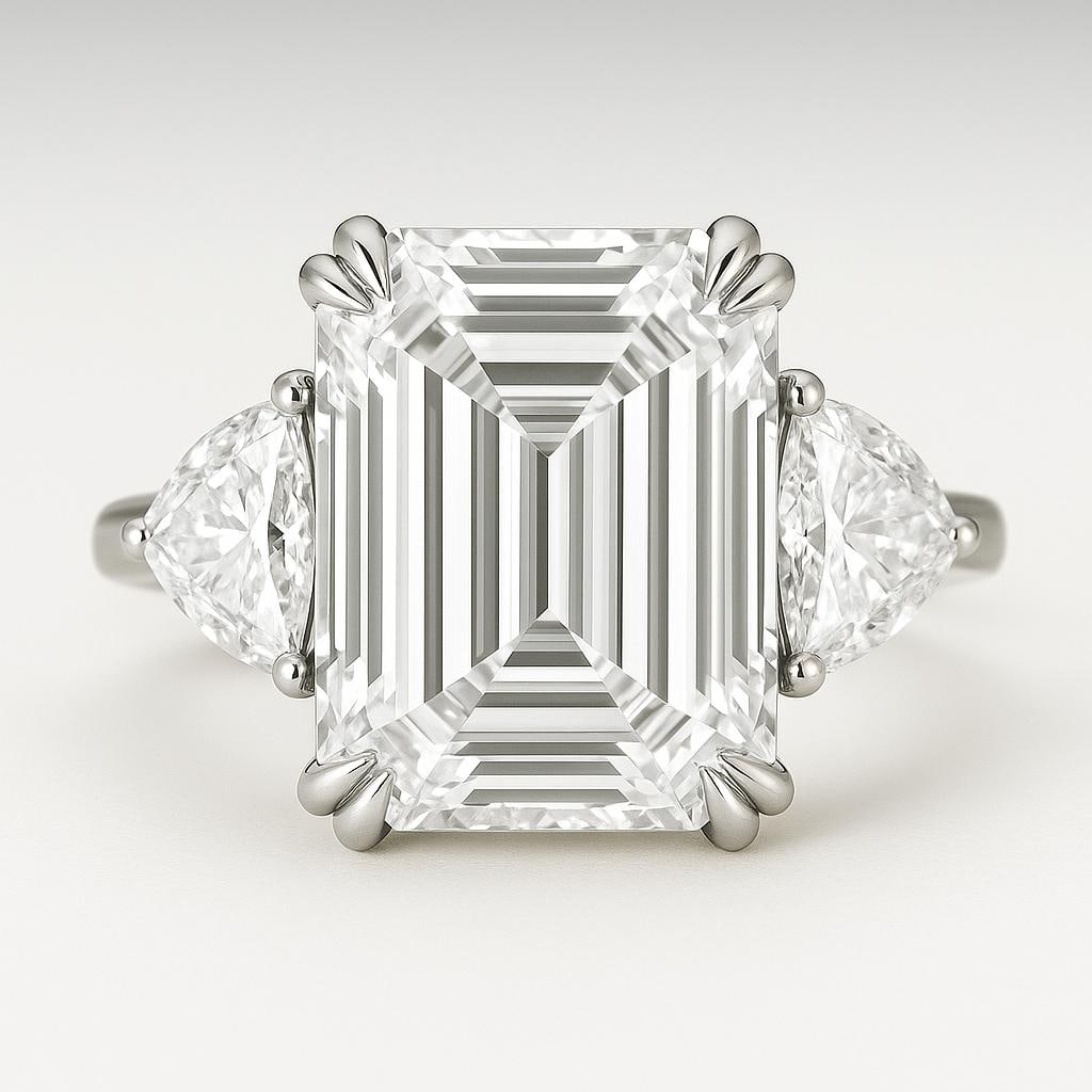 10 Ct Emerald Cut Certified Lab Grown Diamond Three Stone Ring in 14K White Gold: A remarkable 10 carat certified lab grown diamond engagement ring crafted in elegant 14K white gold. This sophisticated three-stone design features a breathtaking emerald cut center diamond accented b