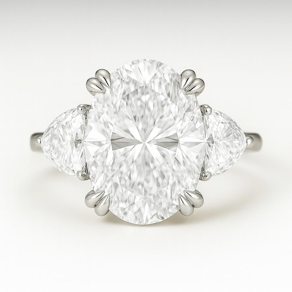 10 Ct Oval Cut Certified Lab Grown Diamond Three Stone Ring in 14K White Gold: A breathtaking 10 carat certified lab grown diamond engagement ring crafted in elegant 14K white gold. This timeless three-stone design features a magnificent oval cut center diamond accented by brill