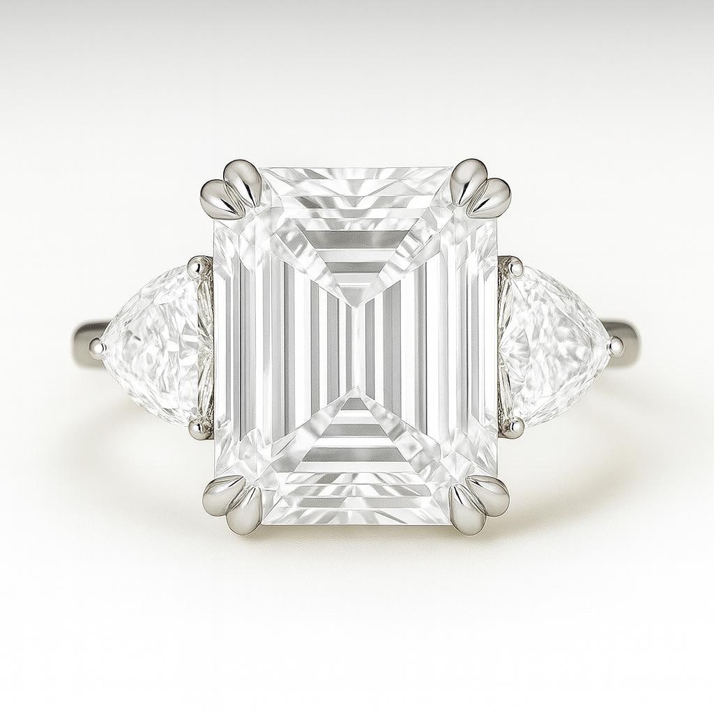 10 Ct Emerald Cut Certified Lab Grown Diamond Three Stone Ring in 14K White Gold: A breathtaking 10 carat certified lab grown diamond ring showcasing a magnificent emerald cut center stone accented by elegant pear shaped side diamonds in a timeless three stone design. Crafted in po