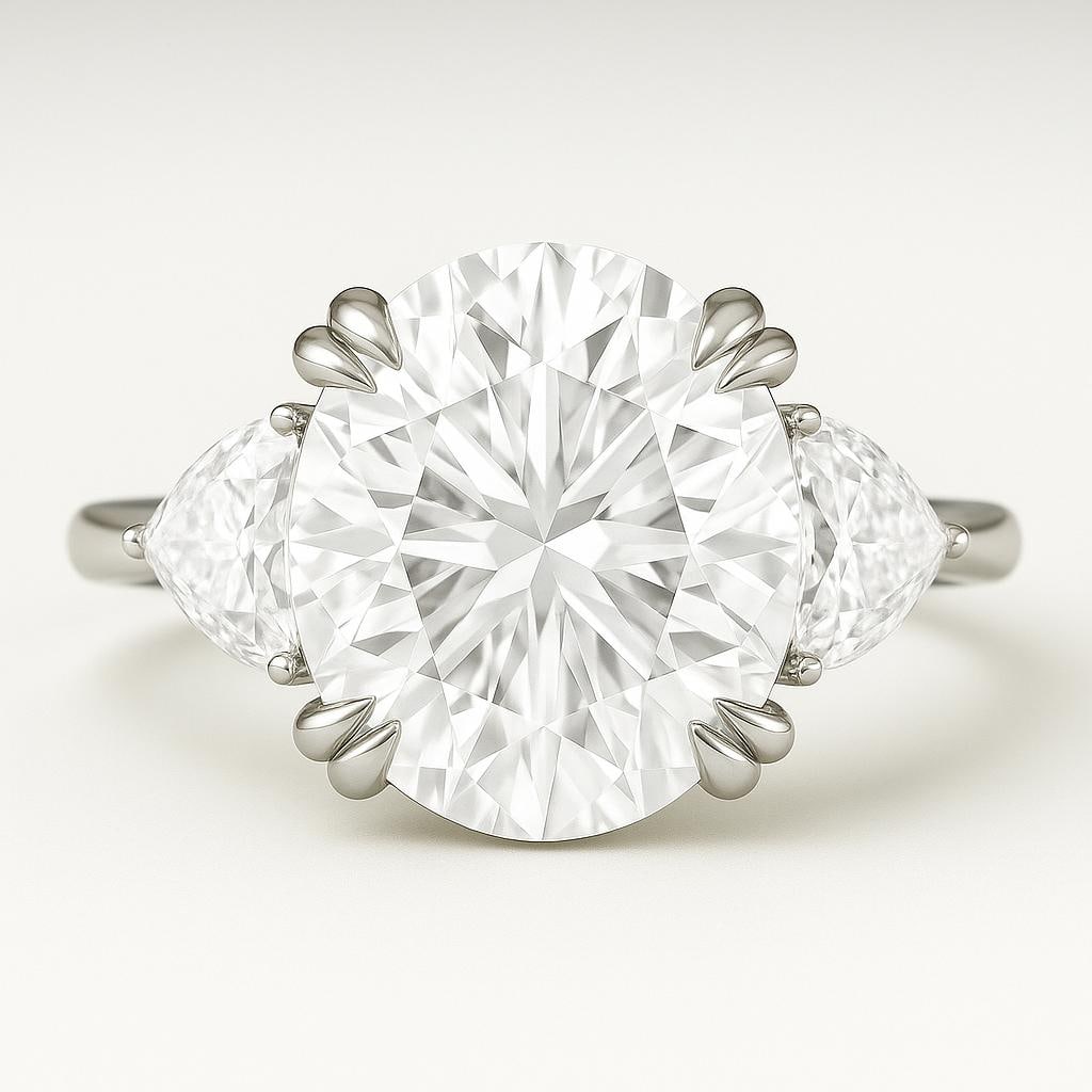7 Ct Oval Cut Certified Lab Grown Diamond Three Stone Engagement Ring in 14K White Gold: An extraordinary 7 carat certified lab grown diamond engagement ring featuring a dazzling oval cut center stone framed by elegant pear shaped side diamonds in a refined three stone setting. Crafted in