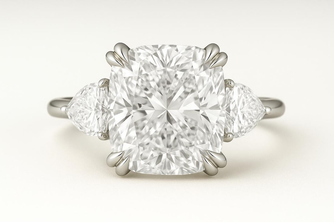 10 Ct Cushion Cut Certified Lab Grown Diamond Three Stone Ring in 14K White Gold: An exceptional 10 carat certified lab grown diamond ring featuring a magnificent cushion cut center stone accented by brilliant pear shaped side diamonds in an elegant three stone design. Crafted in p