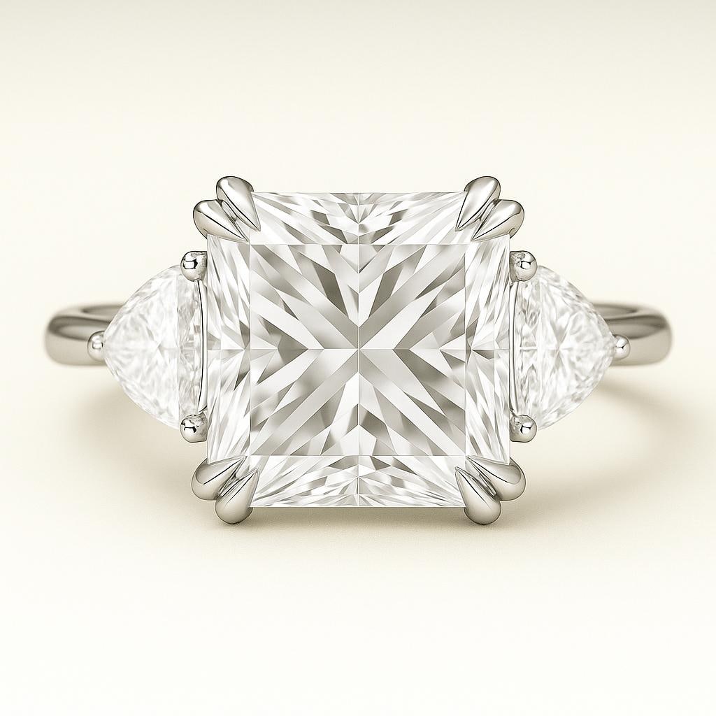 5 Ct Princess Cut Certified Lab Grown Diamond Three Stone Ring in 14K White Gold: A striking 5 carat certified lab grown diamond ring featuring a brilliant princess cut center stone accented by elegant pear shaped side diamonds in a refined three stone setting. Crafted in polished 