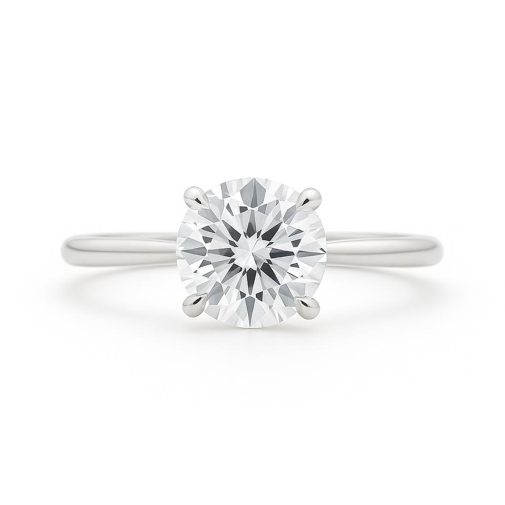 4 CT Lab Grown Round Brilliant Cut Diamond Solitaire Ring in 14K White Gold: Classic 4 carat lab grown round brilliant cut diamond solitaire, set in a secure four-prong mounting. Crafted in 14K white gold with a sleek high-polish band, showcasing timeless elegance and maximum 