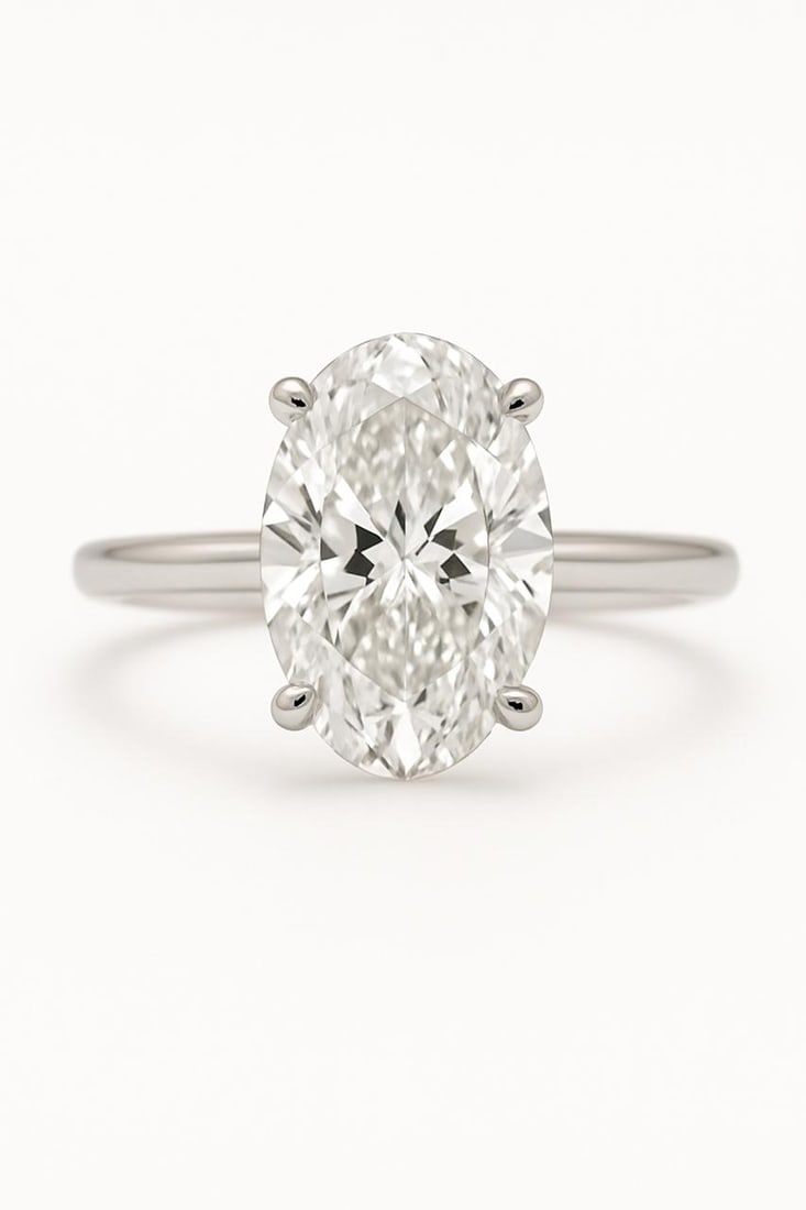 5 CT Lab Grown Oval Cut Diamond Solitaire Ring in 14K White Gold: Elegant 5 carat lab grown oval cut diamond solitaire, set in a secure four-prong mounting. Crafted in 14K white gold with a smooth high-polish finish, offering a refined and timeless look. Color Grade
