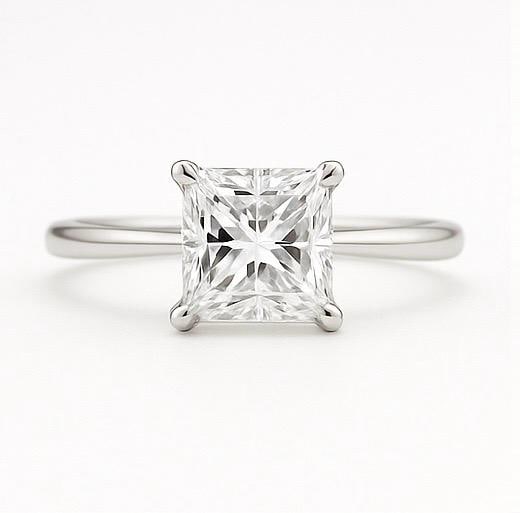 3.50 CT Lab Grown Princess Cut Diamond Solitaire Ring in 14K White Gold: Sophisticated 3.50 carat lab grown princess cut diamond solitaire, mounted in a secure four-prong setting. Crafted in 14K white gold with a sleek high-polish band, combining brilliance and elegance in