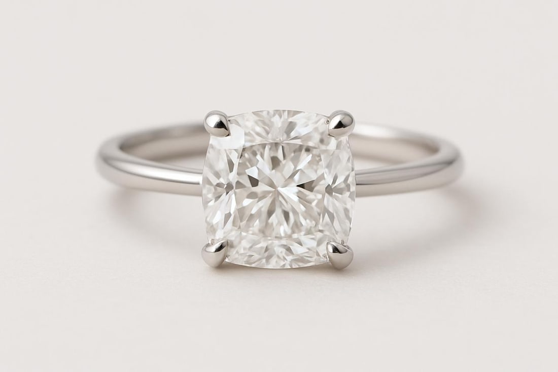 4 CT Lab Grown Cushion Cut Diamond Solitaire Ring in 14K White Gold: Timeless 4 carat lab grown cushion cut diamond solitaire, set in a secure four-prong mounting. Crafted in 14K white gold with a sleek high-polish finish, offering classic beauty and radiant brilliance