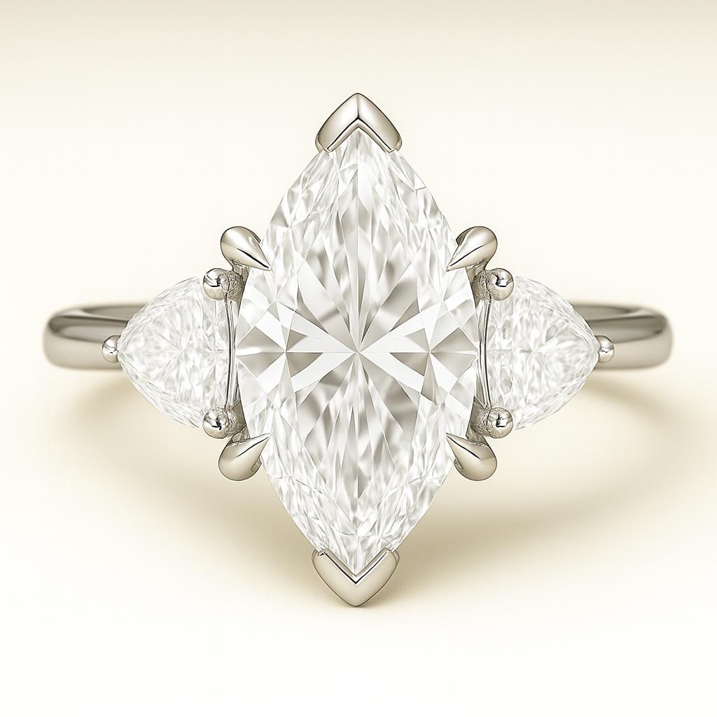 5.50 CT Lab Grown Marquise Cut Diamond Ring with Trillion Side Stones in 14K White Gold: Brilliant 5.50 carat lab grown marquise cut diamond centerpiece, flanked by lab grown trillion side stones for added sparkle. Crafted in 14K white gold with a sleek high-polish finish, this design com