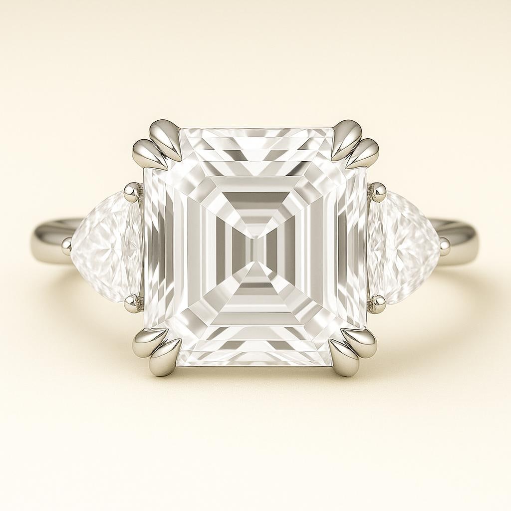 5 CT Lab Grown Asscher Cut Diamond Ring with Trillion Side Stones in 14K White Gold: Elegant 5 carat lab grown asscher cut diamond centerpiece, highlighted with lab grown trillion side stones for extra brilliance. Set in 14K white gold with a high-polish finish, this sophisticated rin