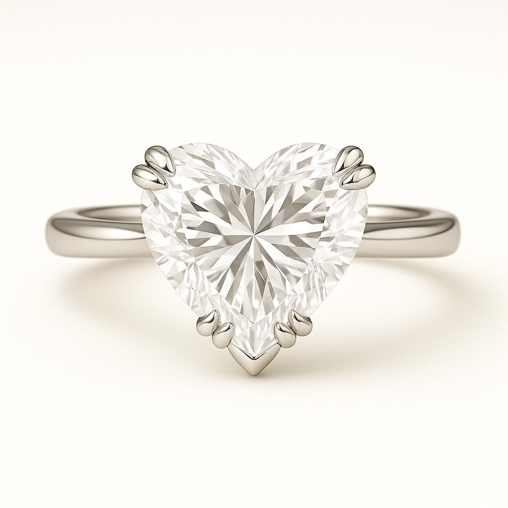 6 CT Lab Grown Heart Cut Diamond Solitaire Ring in 14K White Gold: Romantic 6 carat lab grown heart cut diamond solitaire, set in a secure prong setting. Crafted in 14K white gold with a sleek high-polish finish, designed to symbolize love and elegance. Color Grade: 