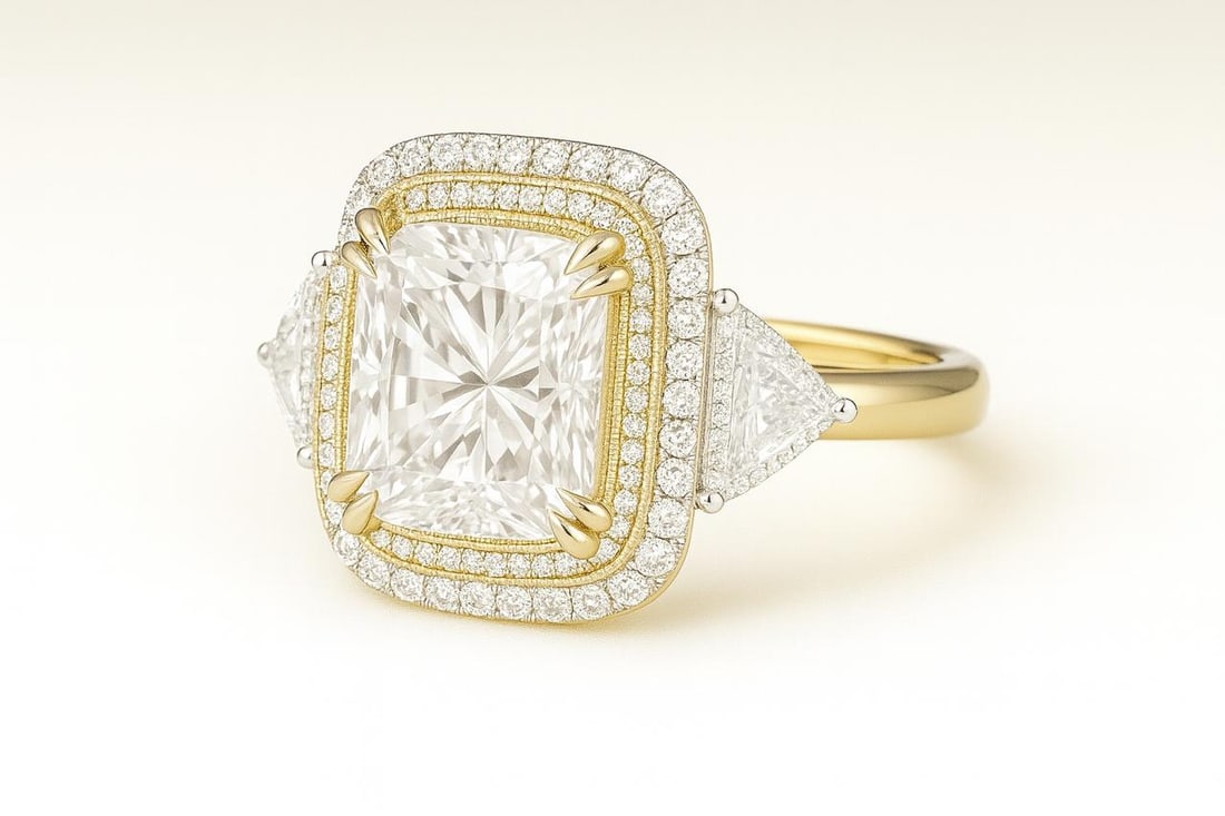 6 CT Lab Grown Cushion Cut Diamond Double Halo Ring with Trillion Side Stones in 14K Yellow Gold: Luxurious 6 carat lab grown cushion cut diamond centerpiece, framed with a dazzling double halo of lab grown round diamonds. Flanked by lab grown trillion side stones, the design is set in 14K yellow 