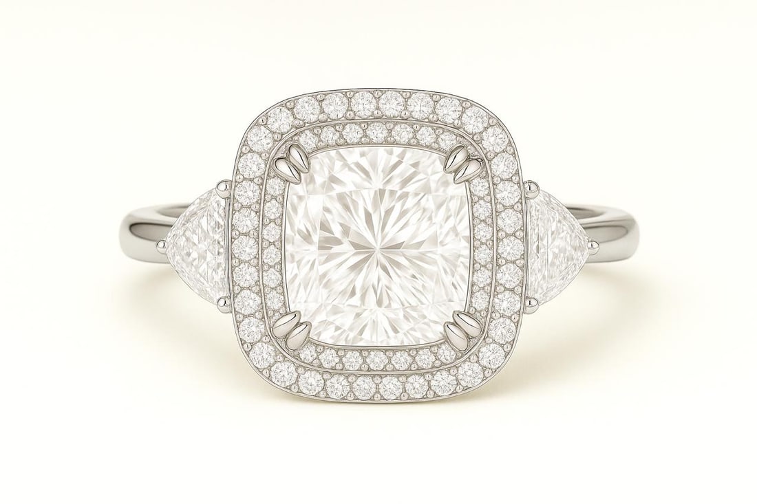 5 CT Lab Grown Cushion Cut Diamond Halo Ring with Trillion Side Stones in 14K White Gold: Elegant 5 carat lab grown cushion cut diamond centerpiece, surrounded by a halo of lab grown round diamonds. Accented with trillion side stones and set in 14K white gold with a high-polish finish. Col