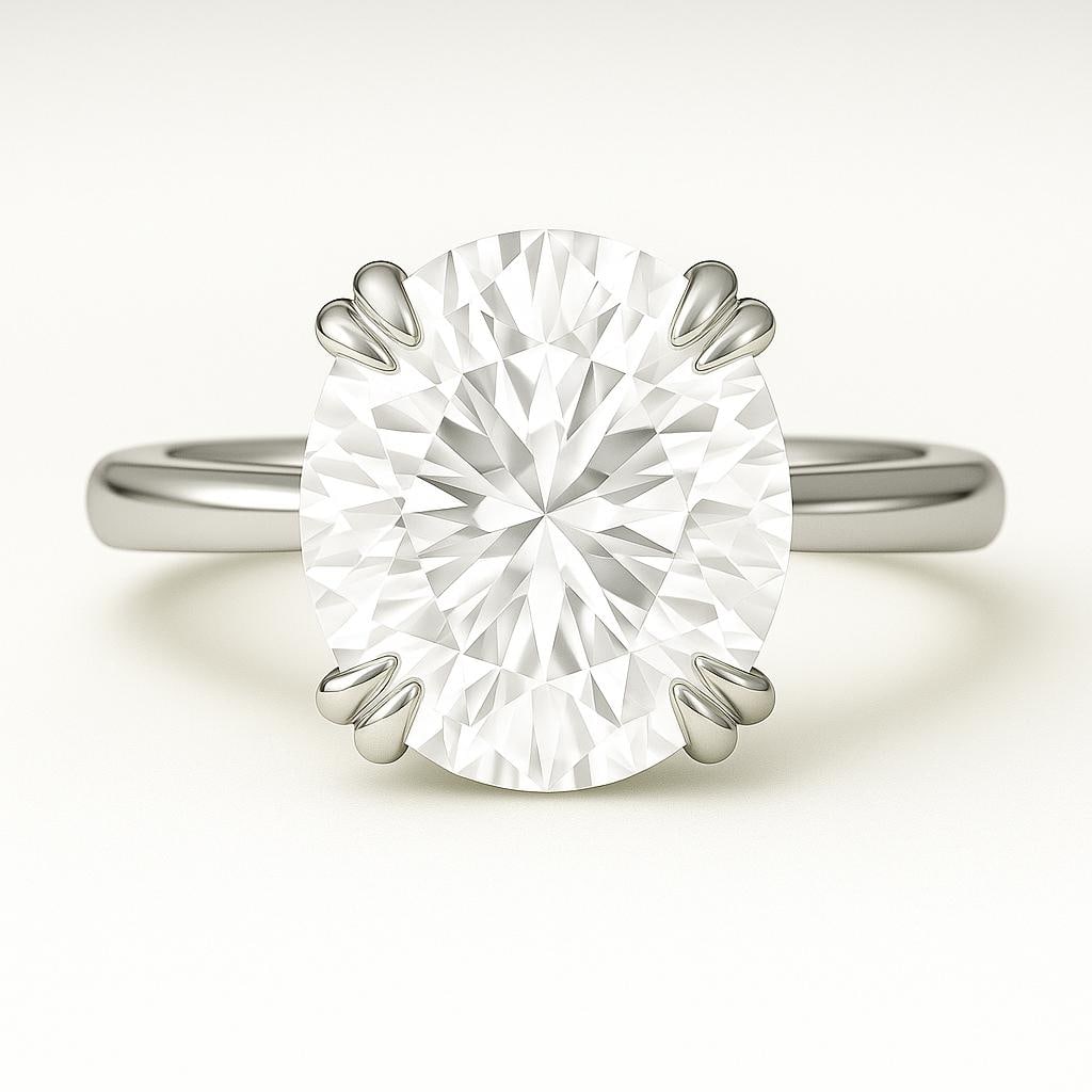 5 CT Lab Grown Round Brilliant Diamond Solitaire Ring in 14K White Gold: Classic 5 carat lab grown round brilliant cut diamond solitaire, set in a secure prong mounting. Crafted in 14K white gold with a sleek high-polish band, designed for timeless elegance and brilliance.