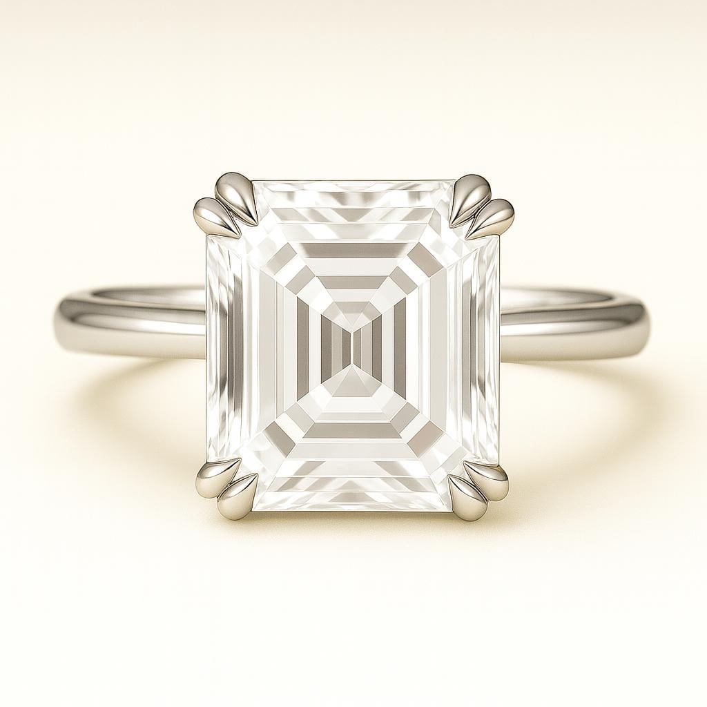 5.50 CT Lab Grown Asscher Cut Diamond Solitaire Ring in 14K White Gold: Striking 5.50 carat lab grown asscher cut diamond solitaire, mounted in a secure prong setting. Crafted in 14K white gold with a sleek high-polish finish, combining vintage-inspired elegance with mode