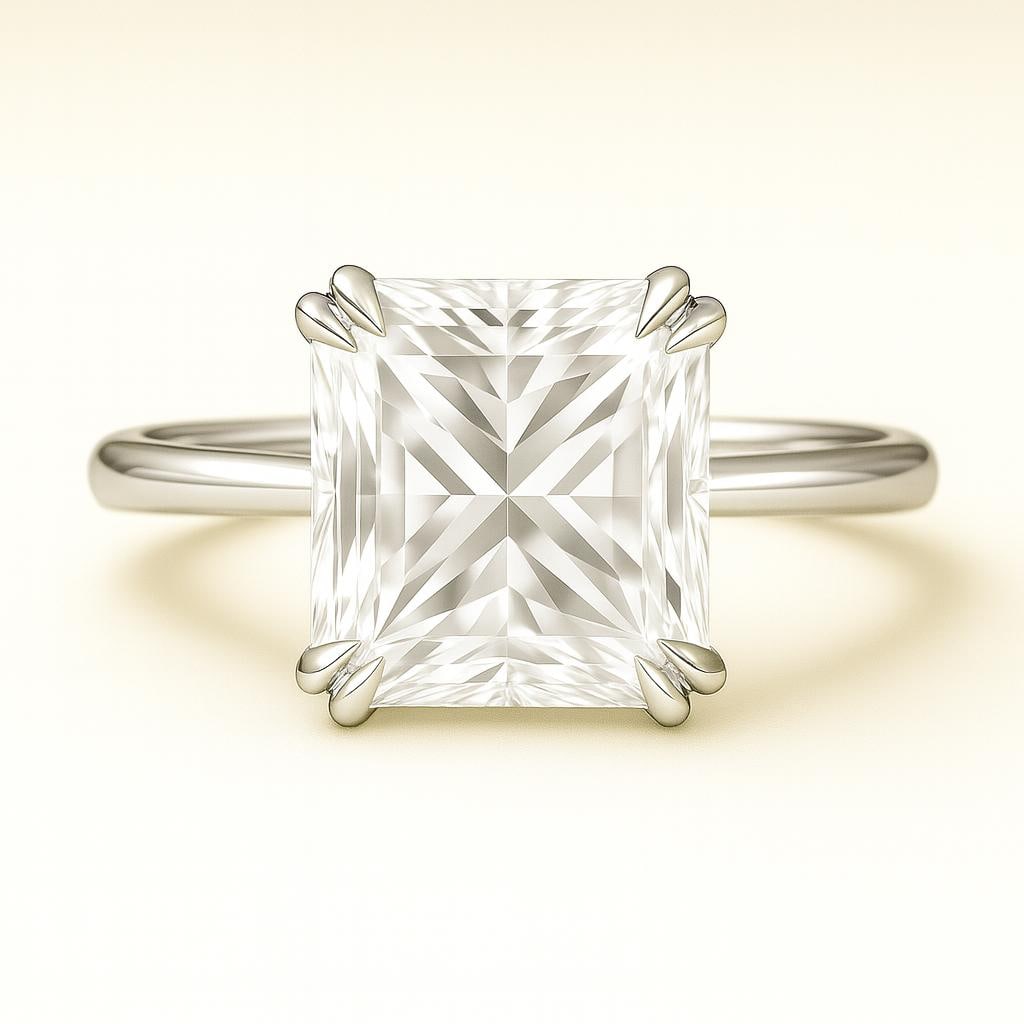5 CT Lab Grown Princess Cut Diamond Solitaire Ring in 14K White Gold: Elegant 5 carat lab grown princess cut diamond solitaire, set in a secure prong mounting. Crafted in 14K white gold with a sleek high-polish finish, combining brilliance with timeless simplicity. Colo