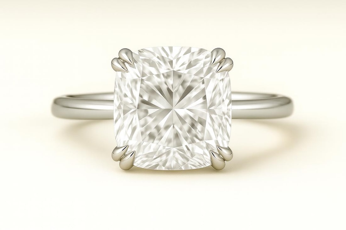 5.50 CT Lab Grown Cushion Cut Diamond Solitaire Ring in 14K White Gold: Elegant 5.50 carat lab grown cushion cut diamond solitaire, set in a secure four-prong setting. Crafted in 14K white gold with a smooth high-polish finish, offering timeless brilliance and sophisticat