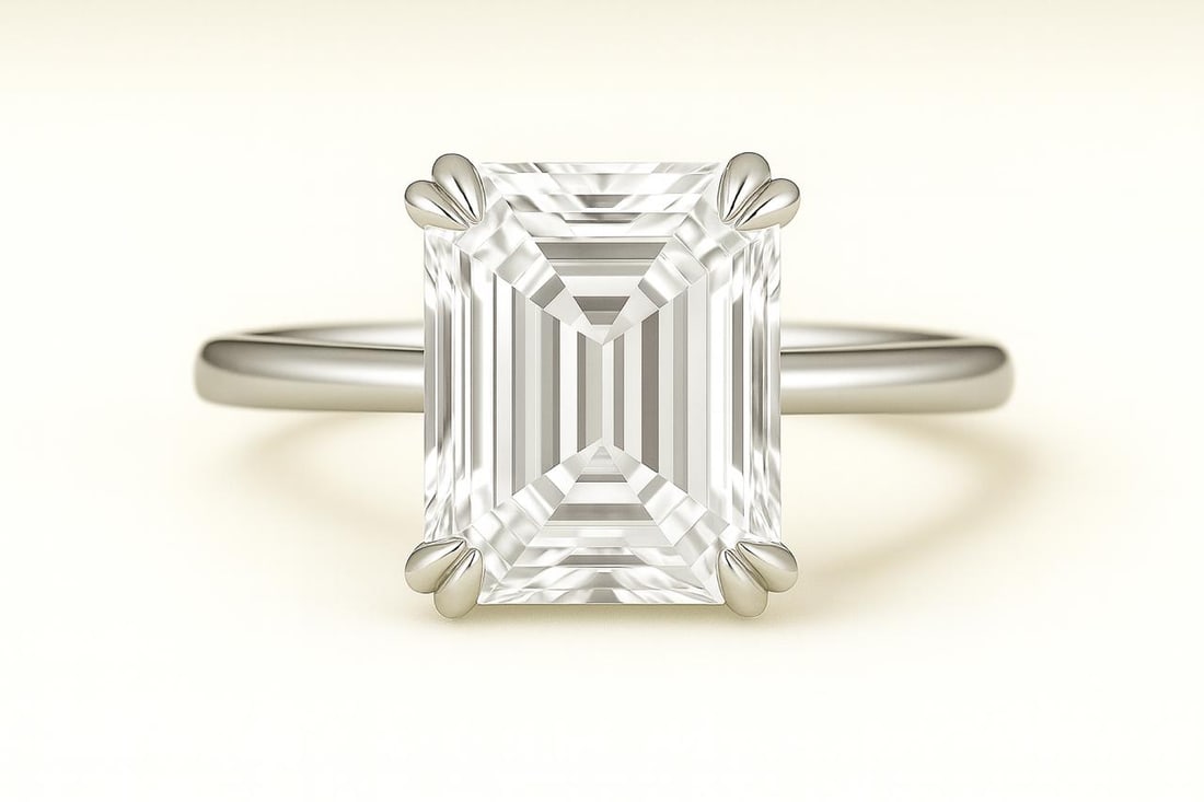5.50 CT Lab Grown Emerald Cut Diamond Solitaire Ring in 14K White Gold: Sophisticated 5.50 carat lab grown emerald cut diamond solitaire, set in a secure four-prong mounting. Crafted in 14K white gold with a sleek high-polish finish, offering timeless elegance and brillia