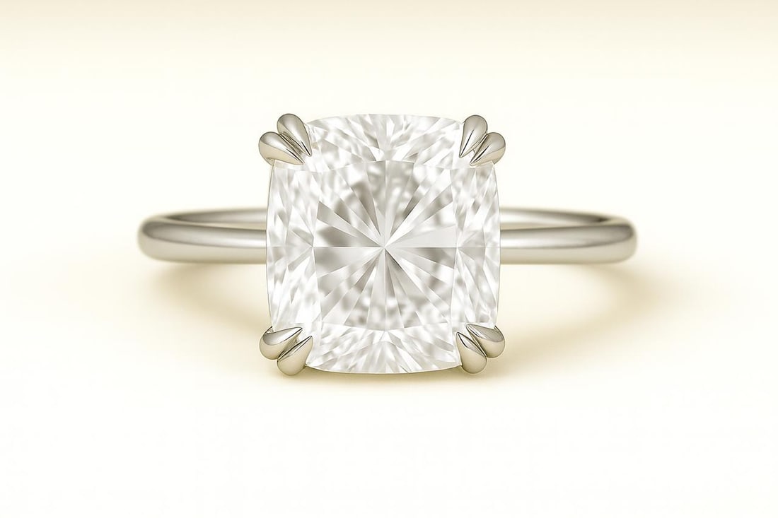6 CT Lab Grown Cushion Cut Diamond Solitaire Ring in 14K White Gold: Elegant 6 carat lab grown cushion cut diamond solitaire, set in a secure four-prong mounting. Crafted in 14K white gold with a high-polish finish, showcasing timeless beauty and brilliance. Color Grad