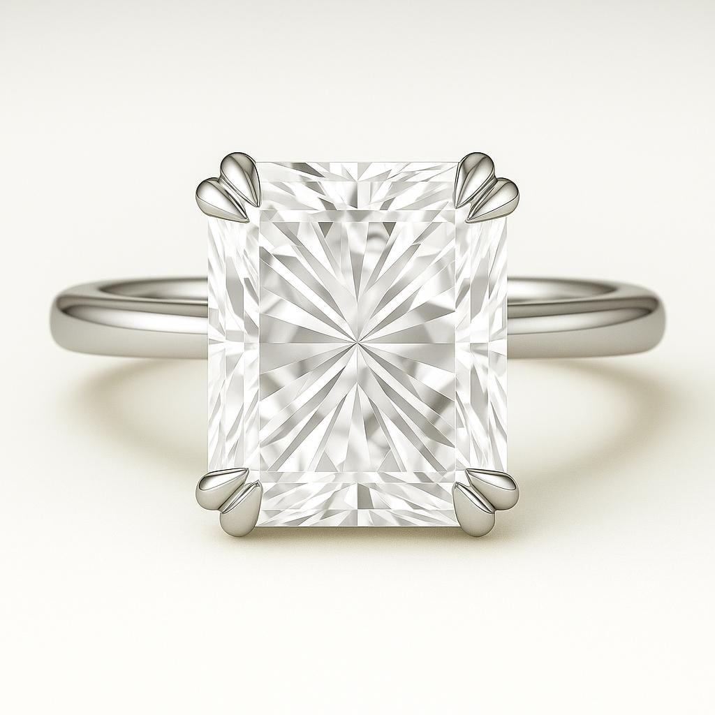5 CT Lab Grown Radiant Cut Diamond Solitaire Ring in 14K White Gold: Dazzling 5 carat lab grown radiant cut diamond solitaire, mounted in a secure four-prong setting. Crafted in 14K white gold with a sleek high-polish finish, showcasing fire, brilliance, and modern ele