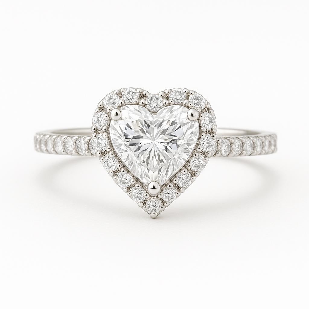 3.50 CT Lab Grown Heart Cut Diamond Halo Ring in 14K White Gold: Charming 3.50 carat lab grown heart cut diamond centerpiece, surrounded by a halo of lab grown round diamonds. The pavé-set diamond band adds extra sparkle, all crafted in 14K white gold with a sleek
