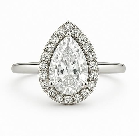3.50 CT Lab Grown Pear Cut Diamond Halo Ring in 14K White Gold: Chic 3.50 carat lab grown pear cut diamond centerpiece, surrounded by a halo of sparkling lab grown round diamonds. Crafted in 14K white gold with a sleek high-polish band, this elegant ring blends br