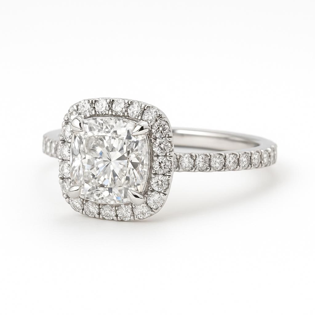 5 CT Lab Grown Cushion Cut Diamond Halo Ring with Pavé Band in 14K White Gold: Gorgeous 5 carat lab grown cushion cut diamond centerpiece, framed by a halo of lab grown round diamonds. The pavé-set diamond band enhances brilliance and sparkle, all crafted in 14K white gold with