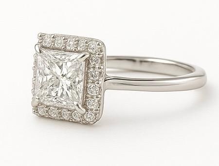 4 CT Lab Grown Princess Cut Diamond Halo Ring in 14K White Gold: Brilliant 4 carat lab grown princess cut diamond centerpiece, encircled by a halo of lab grown round diamonds. Expertly crafted in 14K white gold with a polished finish, delivering modern sparkle and 