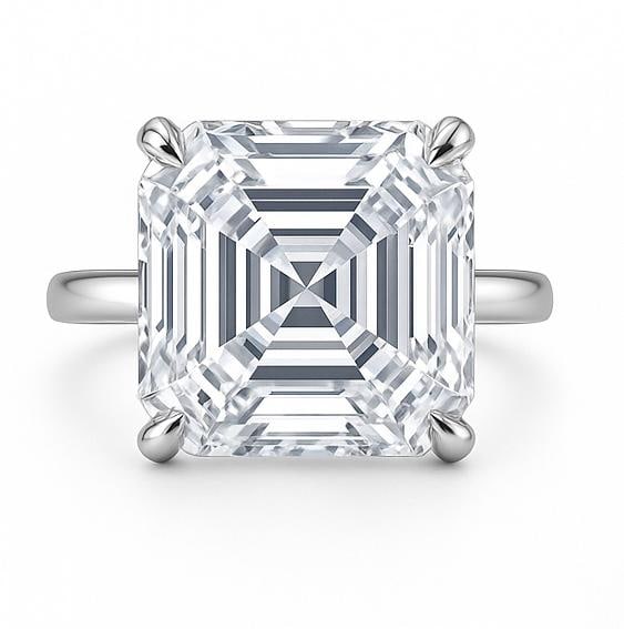 7.50 CT Lab Grown Asscher Cut Diamond Solitaire Ring in 14K White Gold: Magnificent 7.50 carat lab grown asscher cut diamond solitaire, securely set in a prong mounting. Crafted in 14K white gold with a sleek high-polish band, offering bold brilliance and timeless eleganc