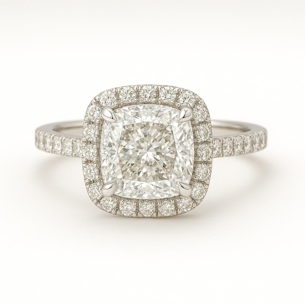 4.50 CT Lab Grown Cushion Cut Diamond Halo Ring with Pavé Band in 14K White Gold: Beautiful 4.50 carat lab grown cushion cut diamond centerpiece, framed by a halo of sparkling lab grown round diamonds. The pavé-set diamond band enhances brilliance, crafted in 14K white gold with a