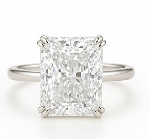 7.50 CT Lab Grown Radiant Cut Diamond Solitaire Ring in 14K White Gold: Stunning 7.50 carat lab grown radiant cut diamond solitaire, set in a secure four-prong setting. Crafted in 14K white gold with a high-polish finish, showcasing fire, brilliance, and timeless elegance