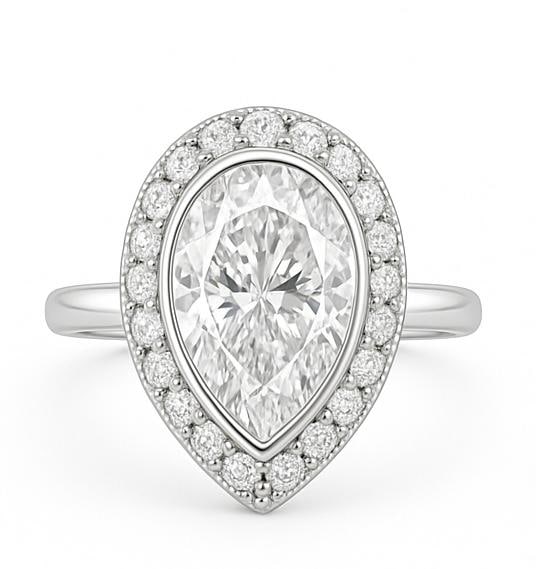 5.50 CT Lab Grown Pear Cut Diamond Halo Ring in 14K White Gold: Stunning 5.50 carat lab grown pear cut diamond centerpiece, encircled by a halo of sparkling lab grown round diamonds. Crafted in 14K white gold with a sleek high-polish band, offering elegance and mo