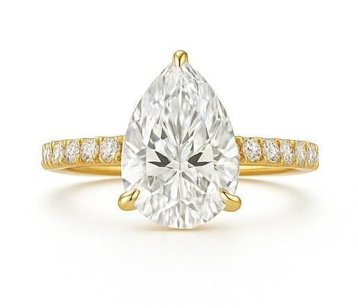 4 CT Lab Grown Pear Cut Diamond Solitaire Ring with Pavé Band in 14K Yellow Gold: Elegant 4 carat lab grown pear cut diamond solitaire, set in a secure prong setting. The pavé-set diamond band adds extra sparkle, crafted in 14K yellow gold with a high-polish finish for a luxurious