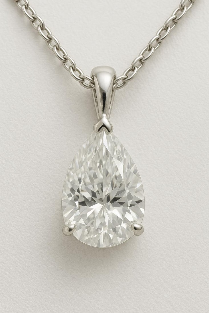5 CT Lab Grown Pear Cut Diamond Solitaire Pendant in 14K White Gold: Elegant 5 carat lab grown pear cut diamond solitaire pendant, set in a secure prong mounting. Crafted in 14K white gold with a sleek high-polish finish, suspended on a classic chain for timeless sophi