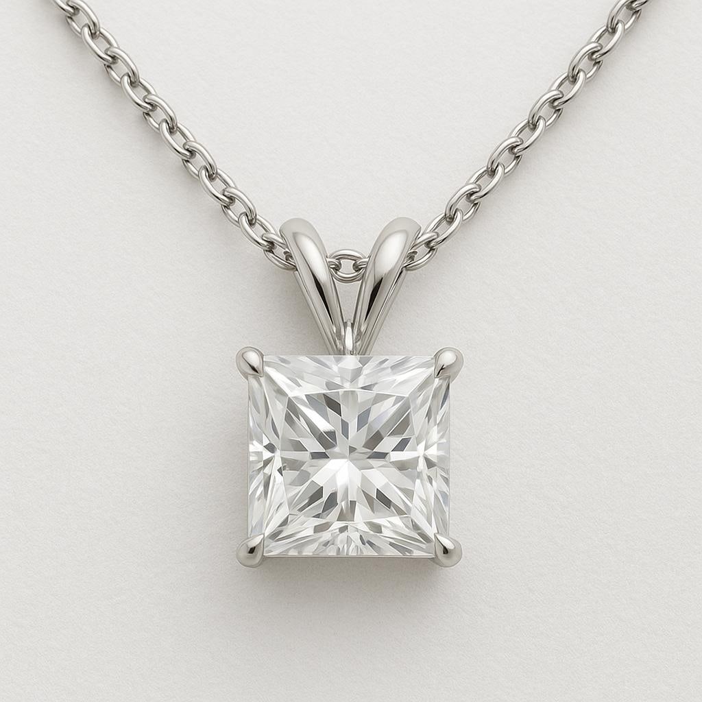 4.50 CT Lab Grown Princess Cut Diamond Solitaire Pendant in 14K White Gold: Elegant 4.50 carat lab grown princess cut diamond solitaire pendant, mounted in a secure prong setting. Crafted in 14K white gold with a high-polish finish, suspended on a classic chain for timeless b